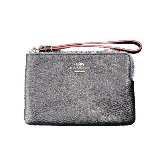Coach Handbags - Coach Wristlet Black Pebbled Leather Floral Trim Zip‎ Around Wallet Clutch 22790